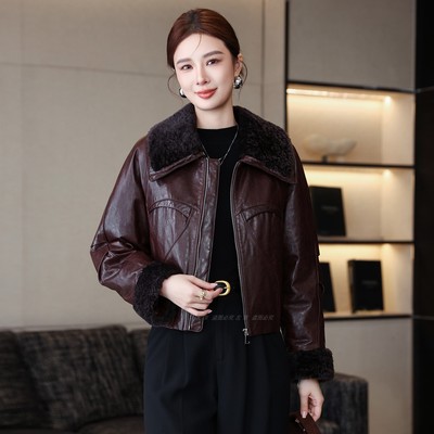 羊羔毛皮毛一体领真皮皮衣女羽绒