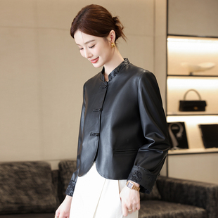 海宁2025春秋新款真皮皮衣女短款绵羊皮夹克外套立领休闲复古黑色