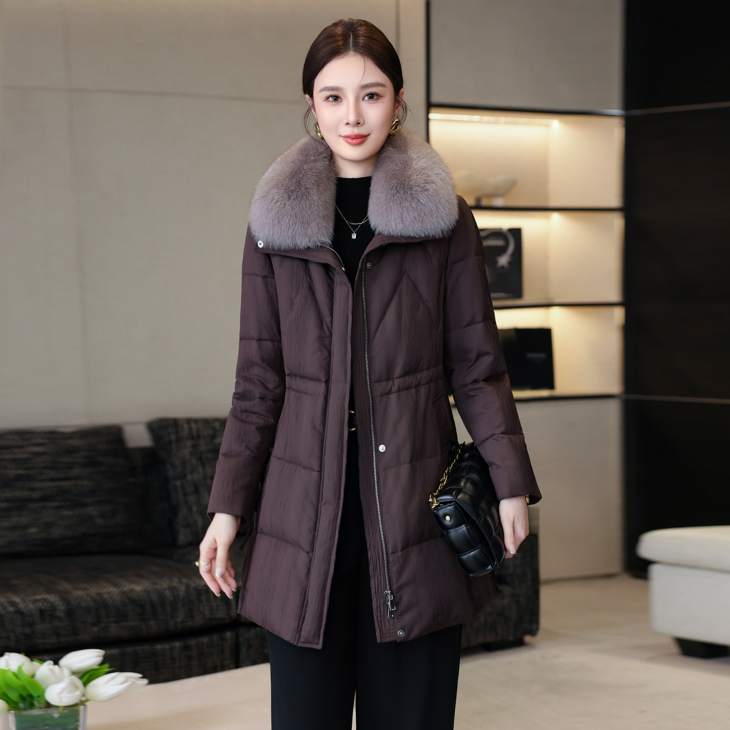 高端鹅绒羽绒服女2025冬季新款修身狐狸毛领可拆卸皮草外套中长款