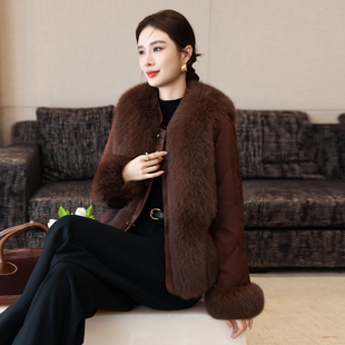 新中式国风鹅绒羽绒服女2025冬季新款印花狐狸毛海宁皮草外套短款