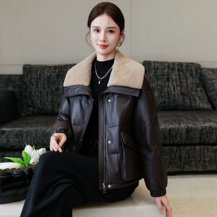 海宁皮草真皮羽绒服女冬季新款休息款式羊羔毛领绵羊皮衣外套短款