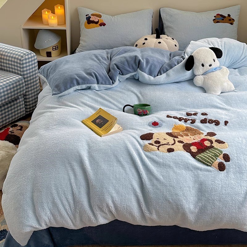 加厚牛奶羊羔绒床上四件套冬季双面珊瑚绒法兰绒面被套Z床单三件