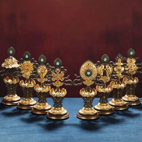 慧宝铜制八吉祥摆件精美雕刻吉祥八宝铜加紫檀木底座供具一套