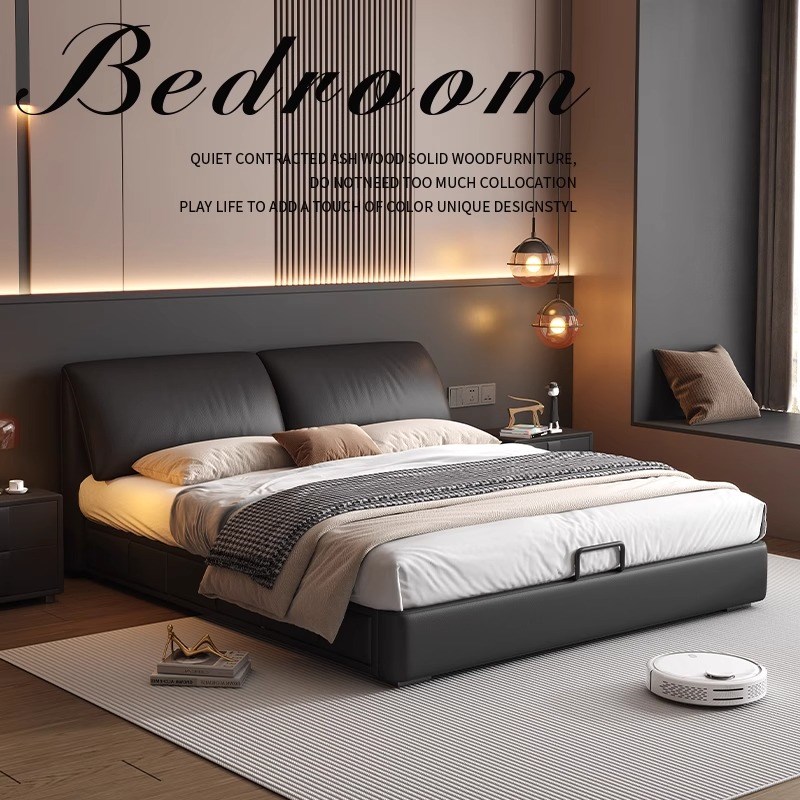 大象耳朵床意式极简床o黑色真皮床现代简约主卧高端大气1.8m双人