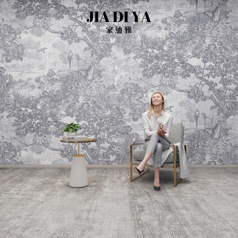 法式复古丛林黑白灰色雨林风景壁纸卧室床头O客厅电视背景墙纸墙