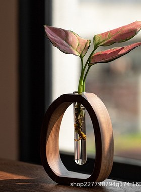 胡桃木实木花器创意插花摆v件简约玻璃植物迷你水养花瓶家居摆件