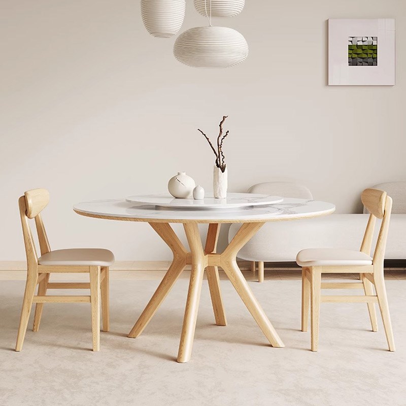 北欧现代简约岩板实木p餐桌侘寂风带转盘家用圆桌白蜡木原木饭桌
