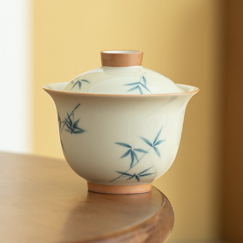 手绘竹叶二才盖碗茶杯单个家用分茶碗复古手工陶瓷冰台釉盖杯