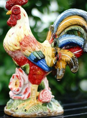 陶瓷玫瑰小公鸡手工工艺品桌面古典装饰摆件动物家居饰品生肖摆设