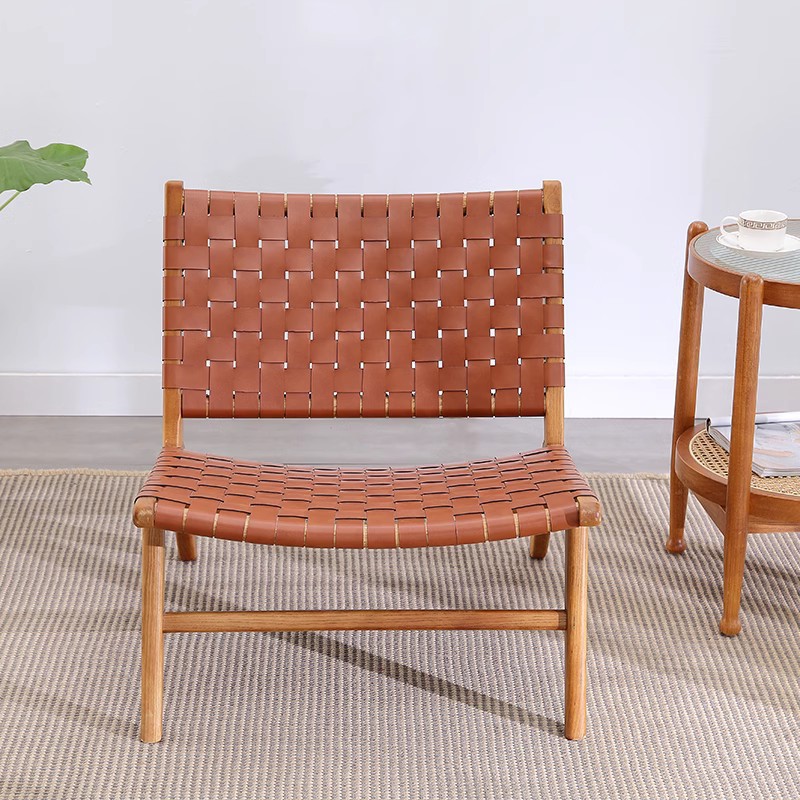 北欧实木沙发椅马鞍皮编织家用躺椅椅客厅阳台设计师懒人椅子胡桃