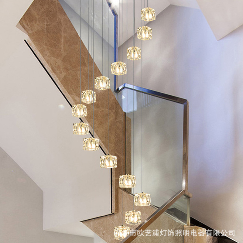 楼梯水晶吊灯北欧旋转现代简约创意个性玻璃灯复式楼长吊客厅大灯