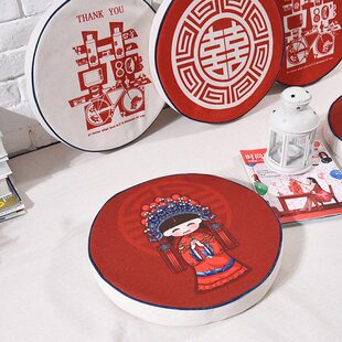 拜轮圆形龙庆天地凤有年喜蒲团坐垫吉祥跪拜垫中式木结婚艺棉麻布
