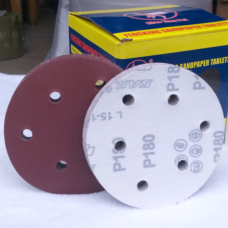 干磨机砂纸5寸6孔 打磨圆盘气动拉绒砂纸片 12Q5mm植绒自粘盘沙皮