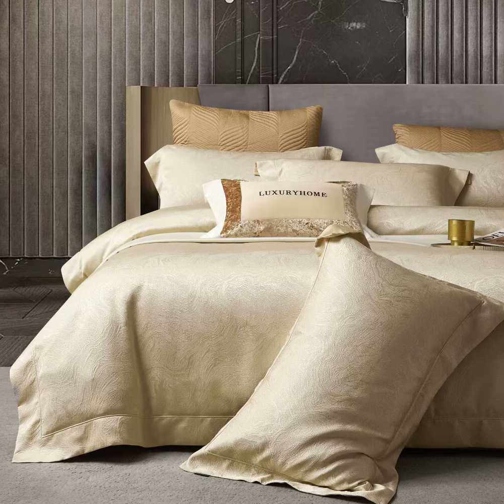 高端轻奢风鎏金色织提花床盖四件套高级感夹棉绗缝床单婚庆床裙式