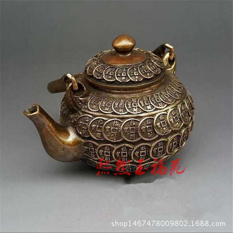 仿古纯铜金钱铜壶摆件古玩收藏水壶茶壶家居装饰工艺礼品