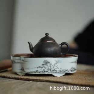 云由山坊墨彩山水铜面壶承蓄水手绘茶承陶瓷干泡台茶盘一件代发