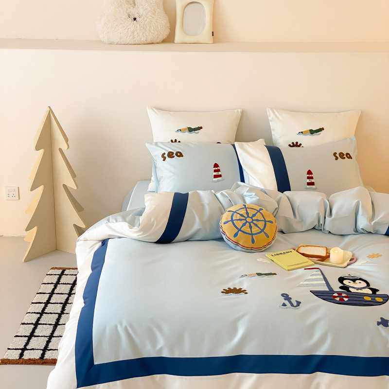 儿童四件套纯棉男孩100全棉长绒棉被单三件套卡通企鹅床上用品