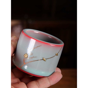 青瓷猪油冻锔钉主人杯李辉熠粉红开片可养复古中式青绿梅茶杯单盏
