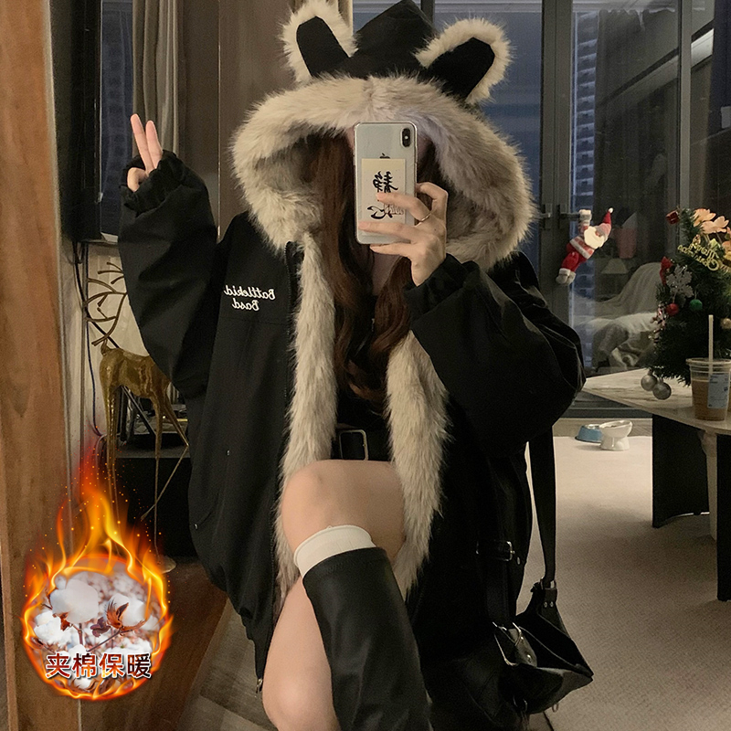 实拍 座山雕毛领棉衣冬季美式高级感猫耳朵夹克加绒加厚连帽外套
