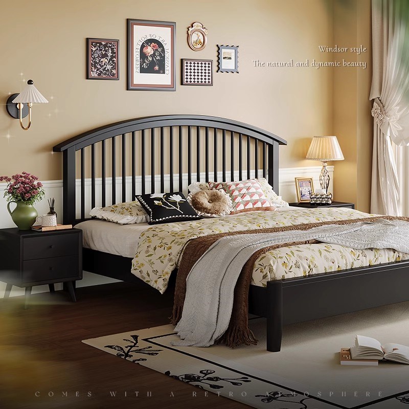 法式复古床黑色全实木现q代简约1米8北欧日式民宿双人床主卧经济
