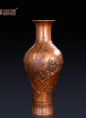 匠泽铜魂 全紫铜孔雀花瓶家居装饰客厅摆件商务礼品家装摆设