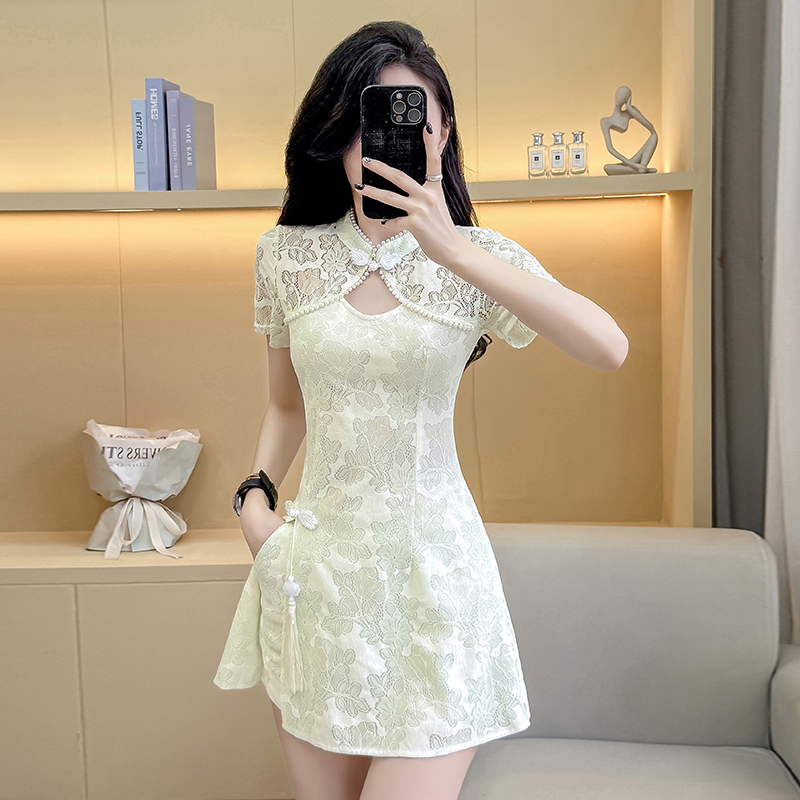 实拍现货新款少女国风高级感蕾丝连衣裙旗袍修身包臀连衣裙套装