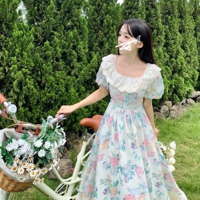 实拍大码女装桔梗法式碎花方领连衣裙荷叶边气质收腰显瘦森系长裙