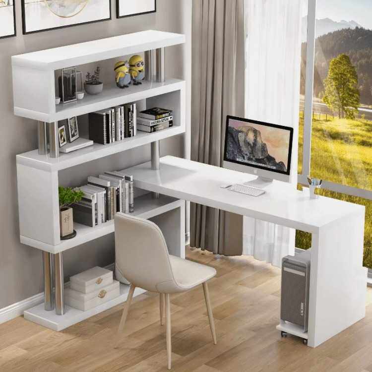 北欧烤漆电脑桌实木旋转书桌转角书架写字台一体柜家用学生桌子