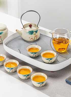 新中式黄汝窑荷叶提梁壶配方拾条纹茶盘汝瓷陶瓷家用会客用可代发