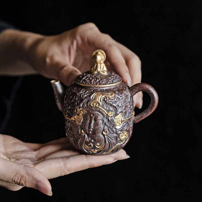老陶泥描金敦煌复古茶壶粗陶提梁壶单壶功夫茶具带滤孔泡茶器,电子元器件市场,其它元器件,淘宝优惠券,粉丝福利购,淘宝优惠卷