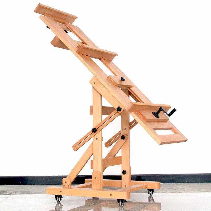 榉木制平立两用落地实木加厚款专业可调节单摇杆手摇国画大油画架