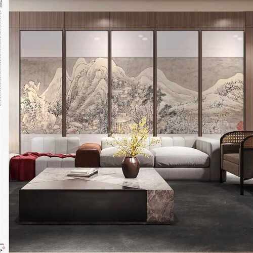 东方水墨山水画酒店过道餐厅中堂茶室背景墙壁画新中式多联装饰画