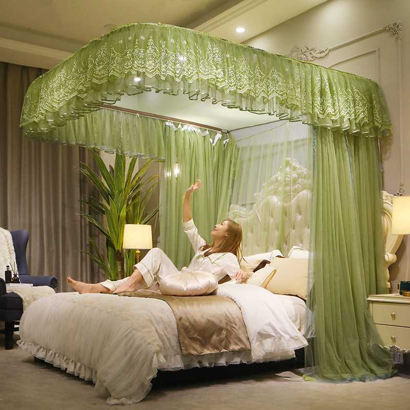 u型轨道蚊帐 蕾丝边落地纹帐夏季家用双人防蚊文帐不锈钢支架