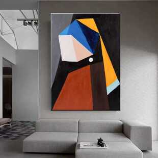 手绘油画几何艺术客厅玄关装饰画戴珍珠耳环少女抽象名画卧室成品