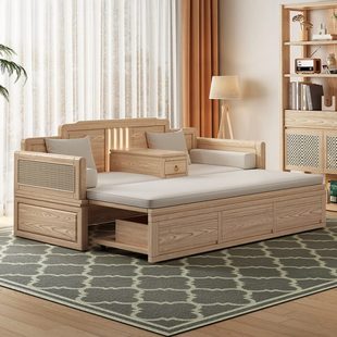白蜡木新中式全实木推拉罗汉床小户型伸缩储物床简约多功能沙发床