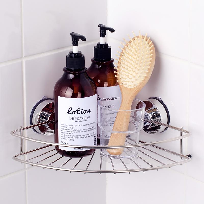 CNR220 浴室三角架银厕所吸盘转角架不锈钢卫生间置物架吸壁式