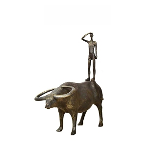 新中式银色黑色树脂站立放牛郎装饰品摆件创意玄关桌面办公室客厅