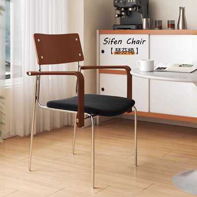 北欧家用实木靠背扶手椅办公瑟芬餐椅中古风设计师黑色软包单人椅