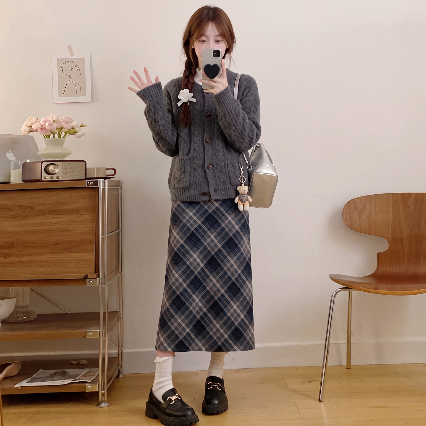 格子开叉半身裙女2026新款秋冬高腰a字直筒长裙小个子毛呢包臀裙