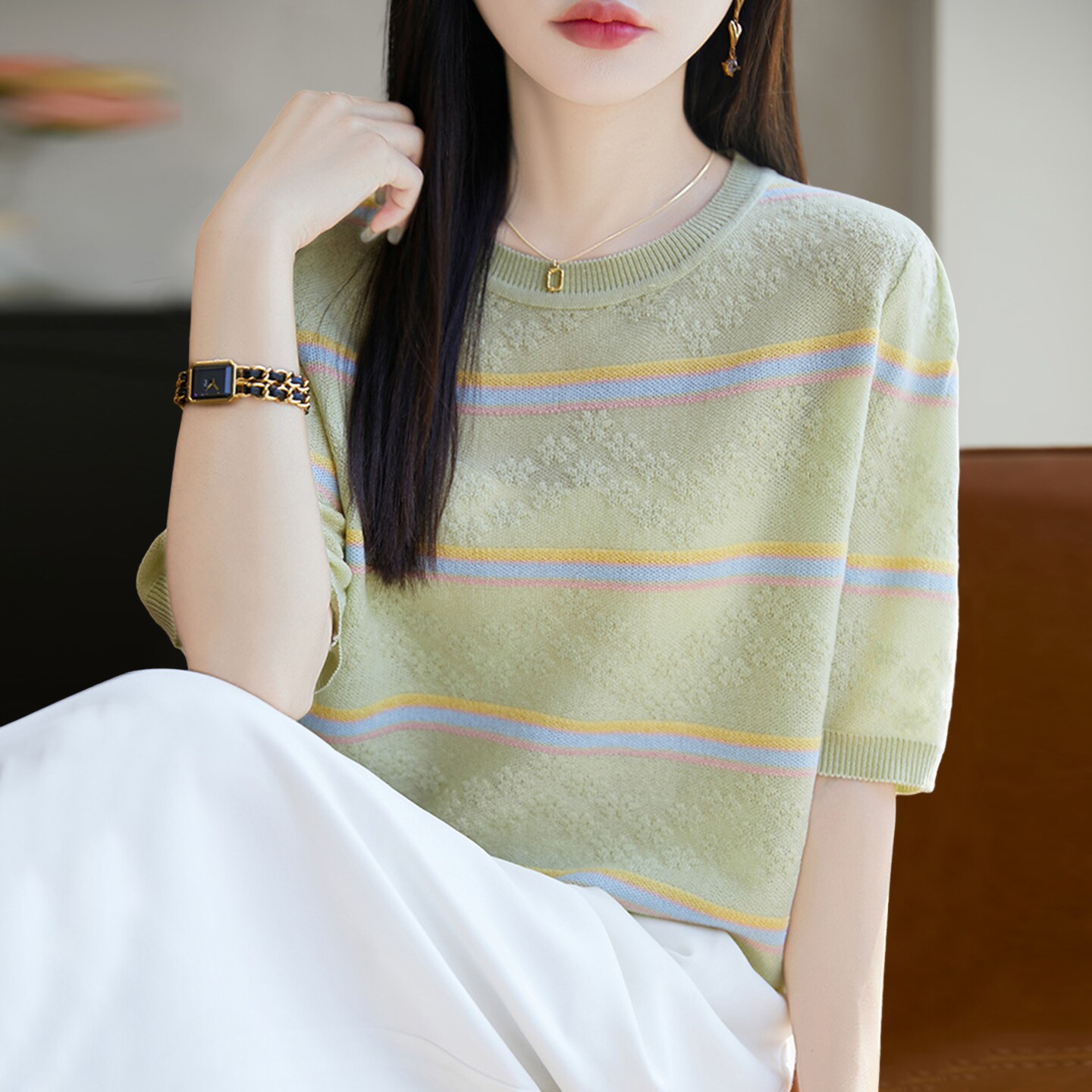 2026新款条纹提花针织短袖t恤女夏季薄款冰丝针织衫大码女装上衣