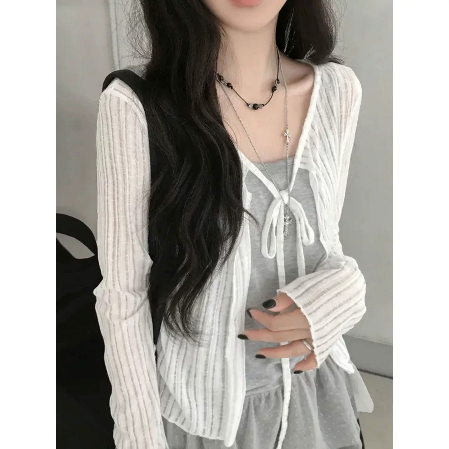 大码胖MM韩系白色针织开衫系带罩衫女春夏季小众短款外搭薄款上衣