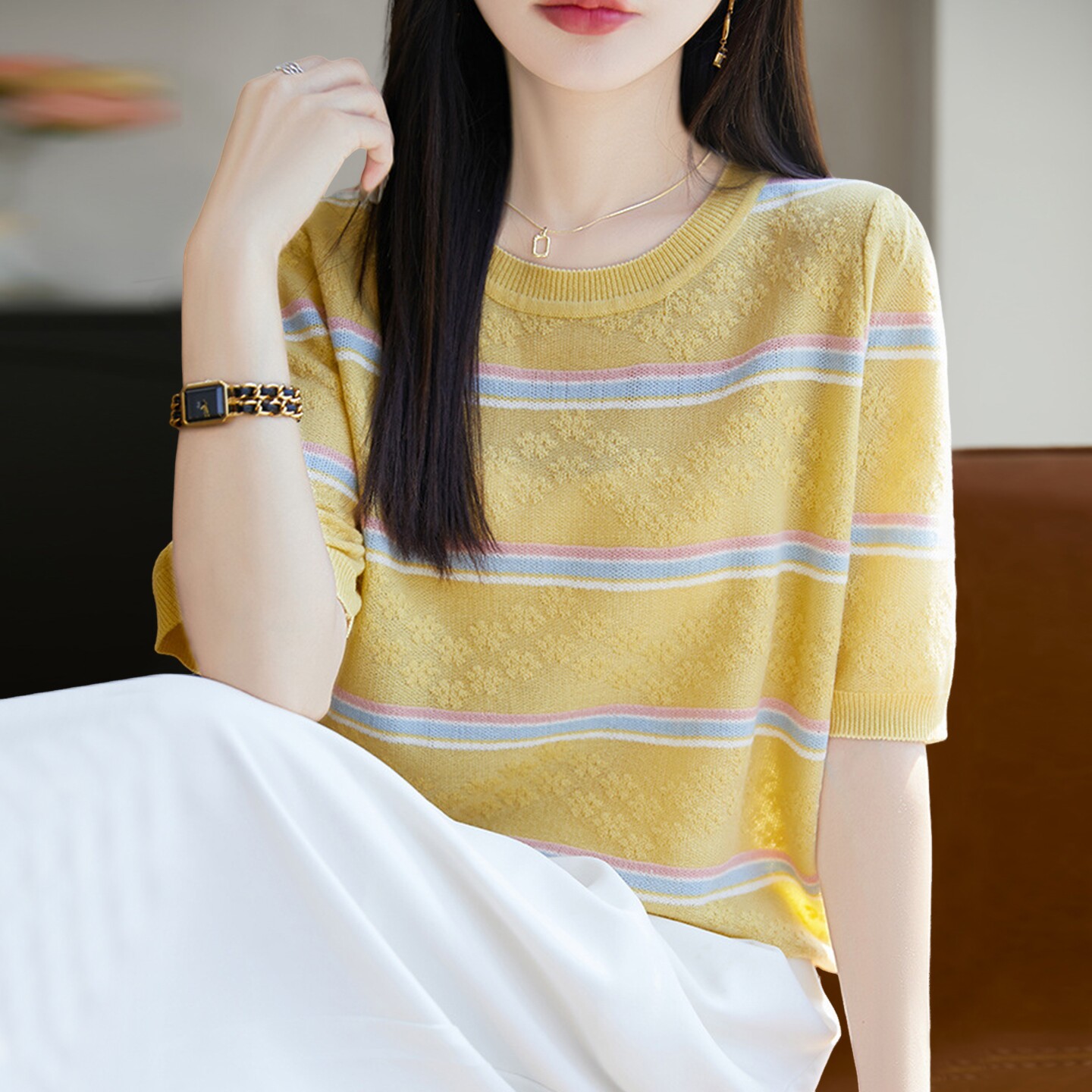 2026新款条纹提花针织短袖t恤女夏季薄款冰丝针织衫大码女装上衣