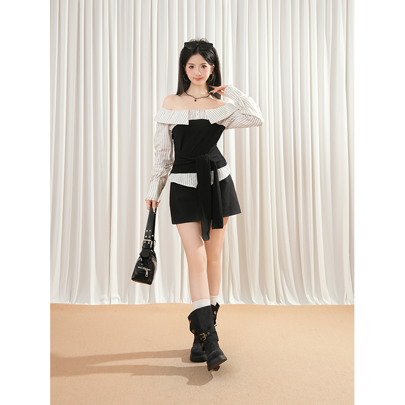 【伯德小姐】早秋拼接设计感百搭条纹上衣黑色半裙修身显瘦两件套