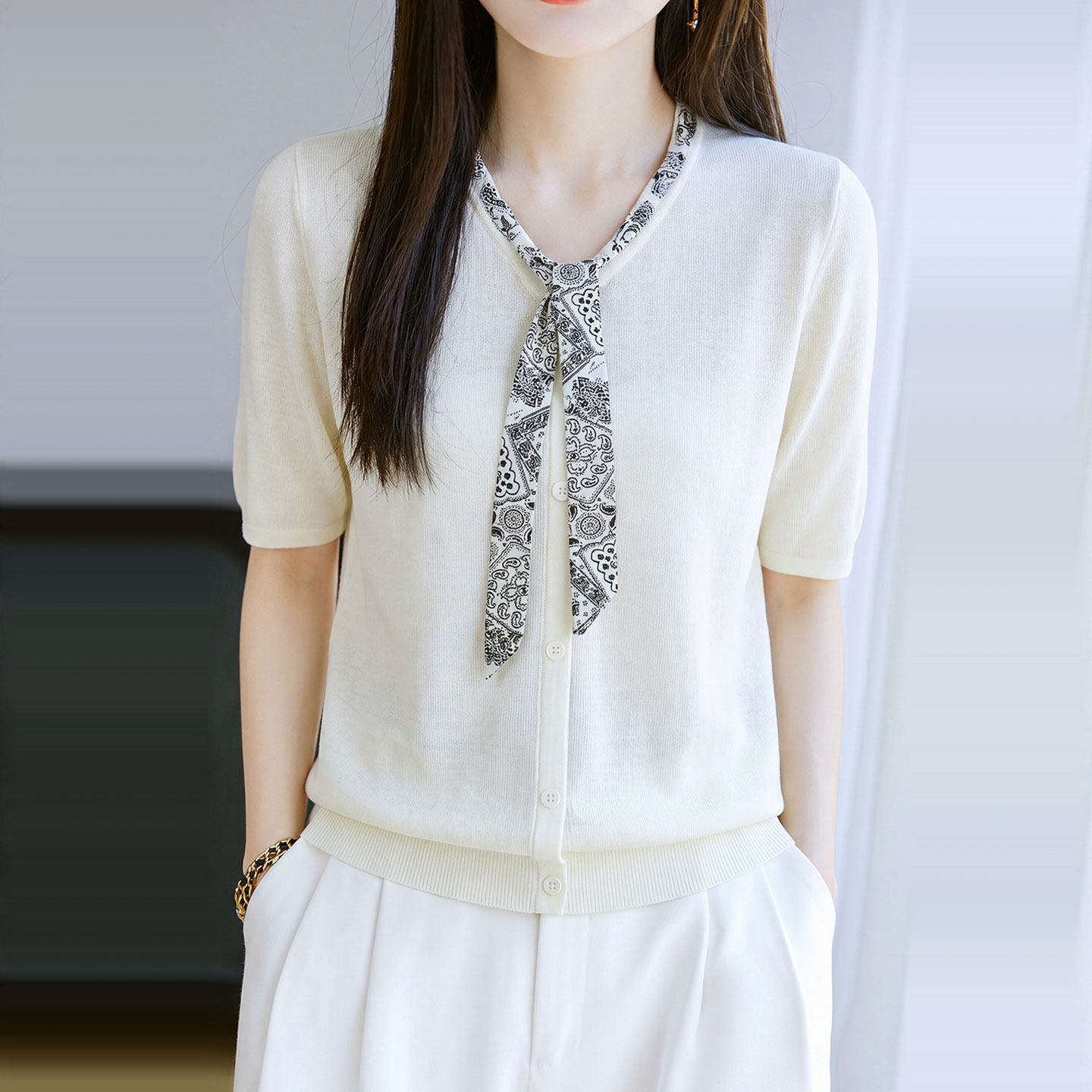 V领针织短袖开衫外套女