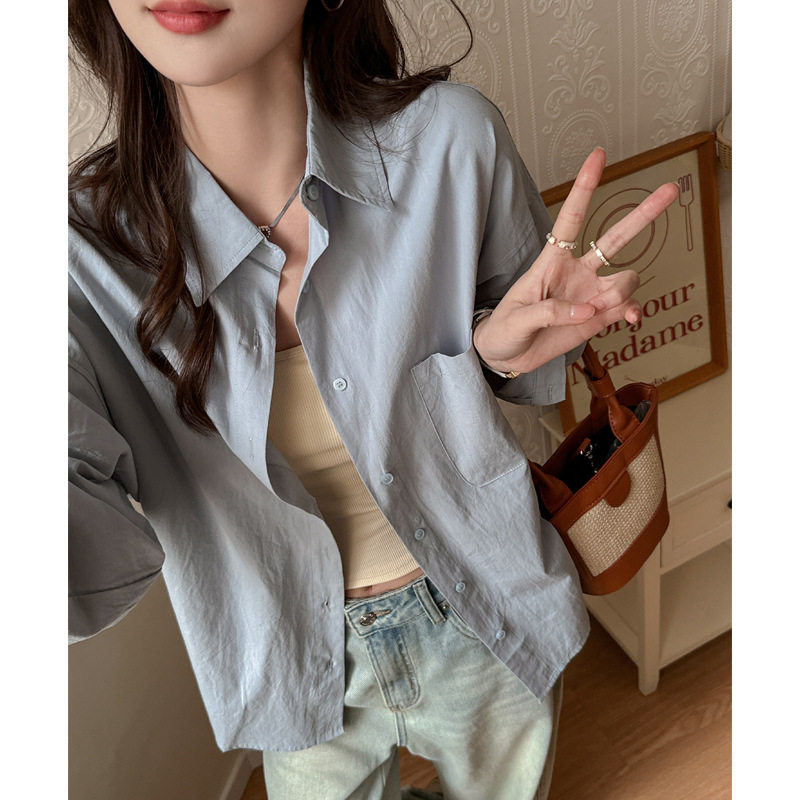 防晒100%砂洗纯棉长袖女式夏季衬衫蓝色高级感上衣薄外套宽松开衫
