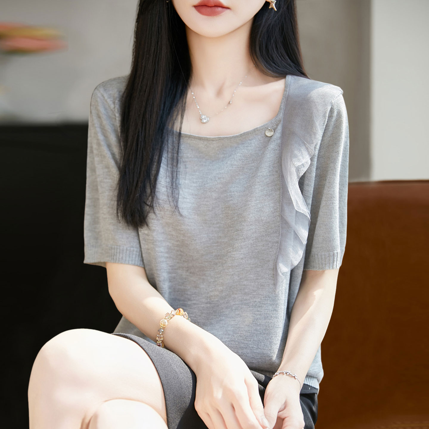 方领桑蚕丝短袖T恤衫女