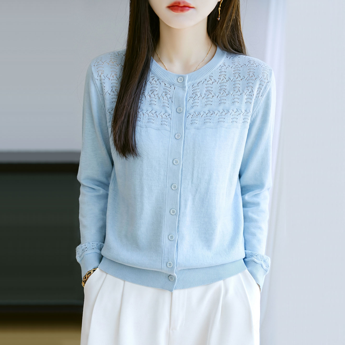 圆领针织开衫毛衣外套女