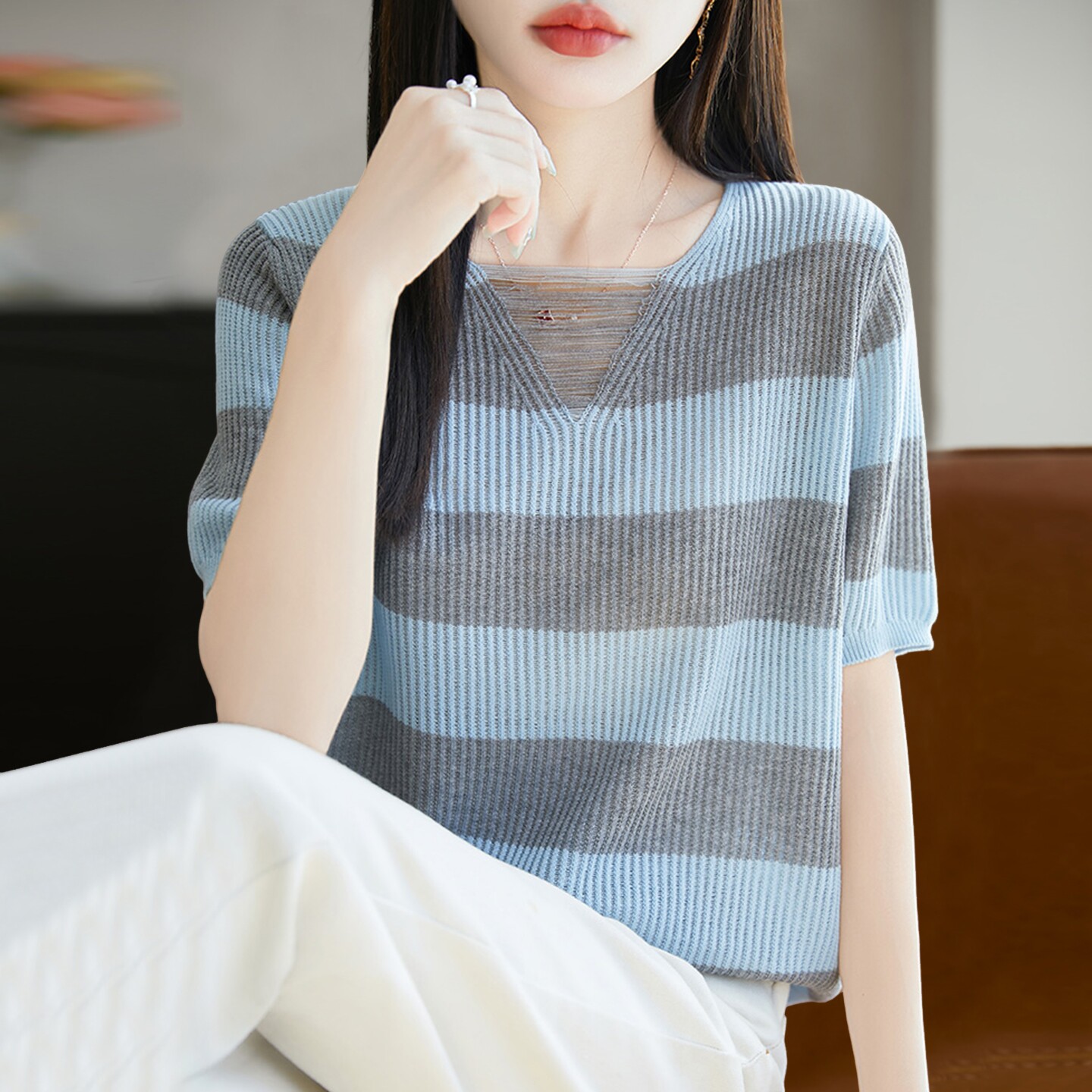 2026新款镂空条纹针织短袖t恤女夏季薄款冰丝针织衫大码女装上衣