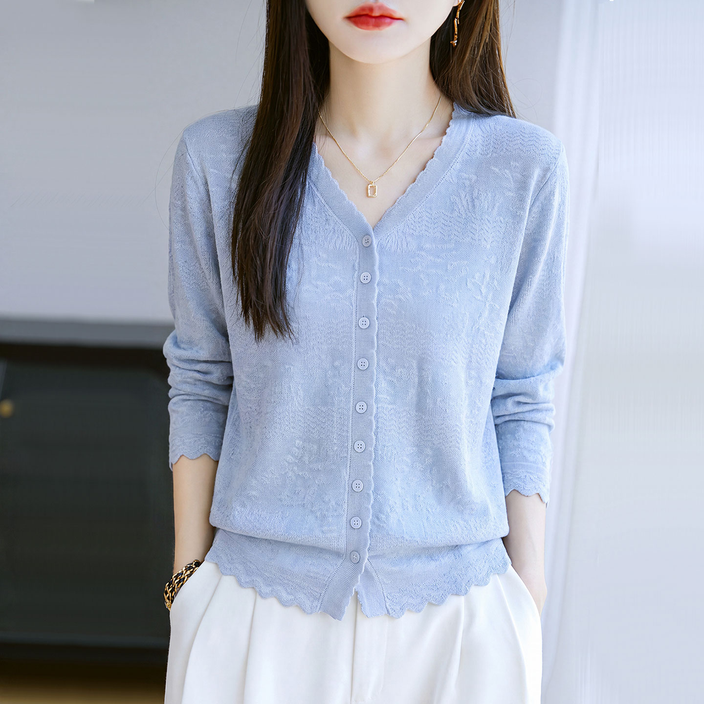 V领针织开衫毛衣外套女