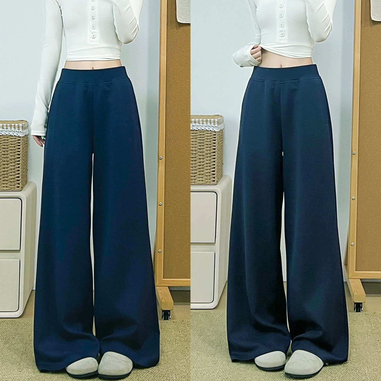藏青色奶皮面膜阔腿裤女春秋宽松垂感显瘦瑜伽运动裤休闲直筒裤子